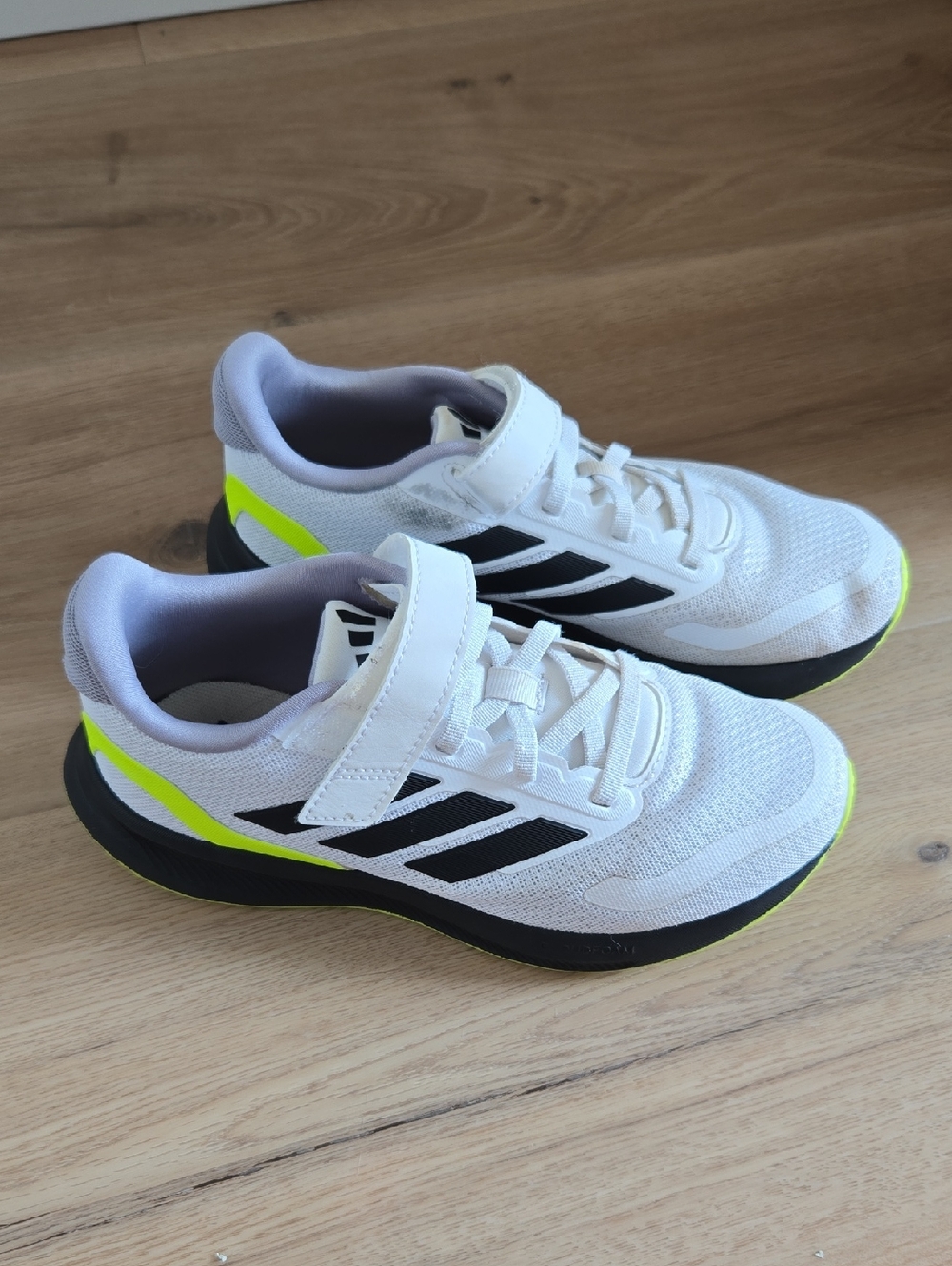 adidas Kids White Black Sneakers with Neon Yellow Accents